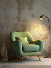 Vintage armchair with green fabric and wooden legs presents cozy and inviting scene, emanating sense of calm and relaxation in room