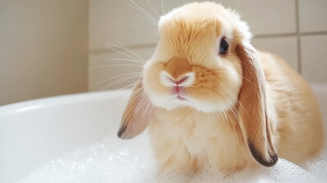 Lop-eared bunny bathing in bubbly bathroom tub - Powered by Adobe