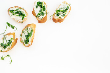 Sandwiches with fresh sprouting microgreens. Sprouted peas seeds micro greens. Vegan food