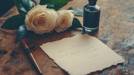 A handwritten letter rests on a wooden surface with a bouquet of cream roses and a bottle of ink.