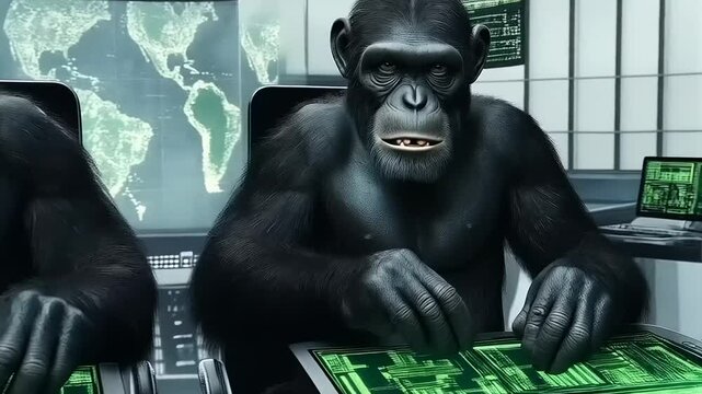 A humorous scene of chimpanzees working as hackers in a modern tech environment