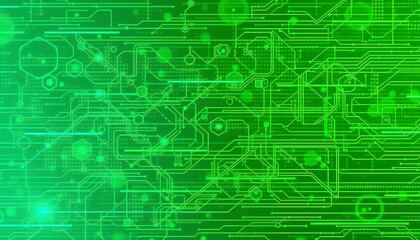 Obraz premium Abstract green tech background with circuit-like lines and geometric shapes fading into a bright green