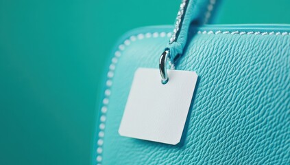 Teal handbag with blank tag, turquoise background, product shot