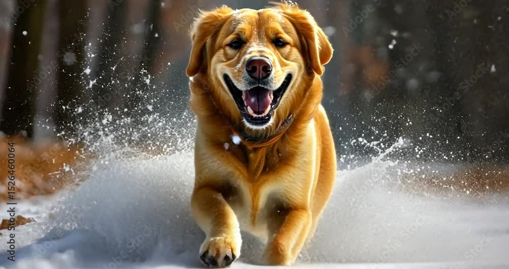 Poster generic dog running towards the camera through snowy field with a happy expression, blurred backgrou