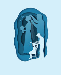 Paper cut silhouette of a father grooming daughter with wedding reflection