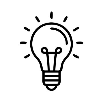 &Iacute;cone vetorial minimalista em contorno preto de uma l&acirc;mpada. Design limpo e simples que simboliza ideias de neg&oacute;cios, inova&ccedil;&atilde;o e solu&ccedil;&otilde;es inteligentes