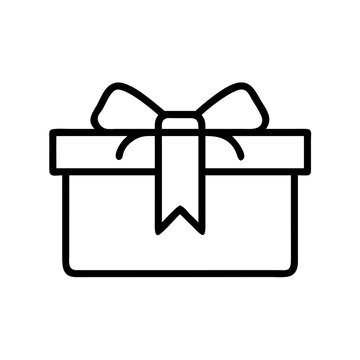 &Iacute;cone vetorial minimalista em contorno preto de uma caixa de presente com fita, simbolizando celebra&ccedil;&atilde;o, feriado e generosidade em um design limpo e simples