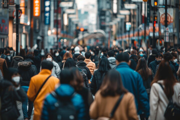 Fototapeta premium A bustling street scene with a crowd of people walking, focus on diverse individuals in an urban setting.
