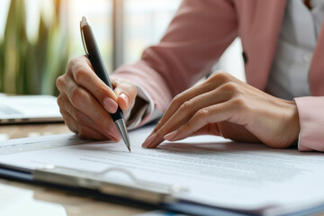 Close-up of a professional's hand signing an important document with a silver pen on a sunny day, signifying agreement and commitment.