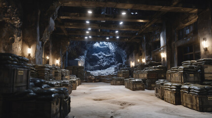 Naklejka premium Wide shot of an underground weapons depot bunker, reinforced concrete walls lined with crates, stacked missiles, and heavy artillery shells, dim emergency lights glowing