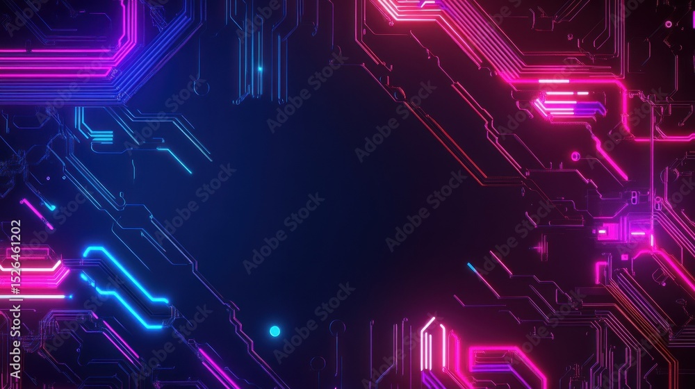 Poster neon circuit pattern with empty space in the middle for customizable text or graphics, background wa