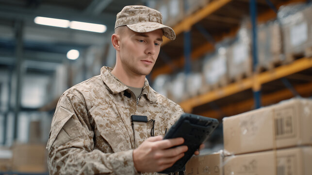 Military logistics officer scanning barcodes on crates of weapons inside a large depot warehouse, digital tablets displaying inventory data, organized storage racks - Powered by Adobe
