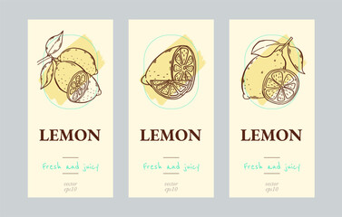 Fototapeta premium Lemonade Trendy vertical poster, banner, label set. Design template with hand drawn illustration of lemons in doodle style. Lemon juice drink concept with slogan and menu. Background for branding, AD.