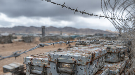 Stacked metal ammo cans with rusted surfaces in an outdoor weapons depot, guarded by barbed wire fences and watchtowers under an overcast sky