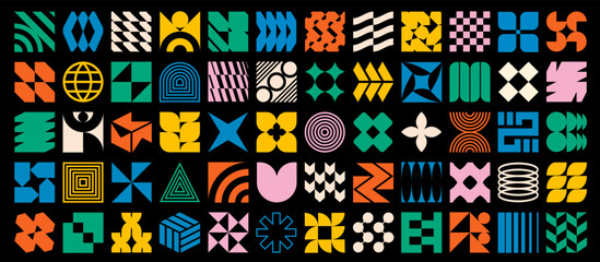 Contemporary y2k brutal star, spiral flower, retro memphis ornament and groovy geometric shape collection for social media banner. Brutalist futuristic silhouette pattern or bauhaus modern sticker art