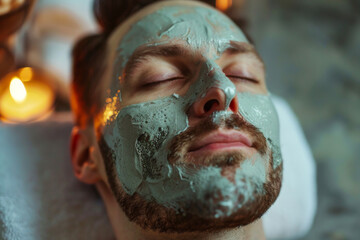 Man relaxing with a nourishing facial clay mask in a serene spa setting with soft ambient lighting.
