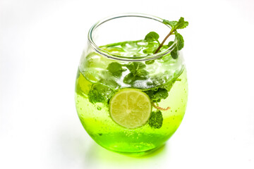 a glass of cold mojito drink with lime and mint leaves, isolated on a white background