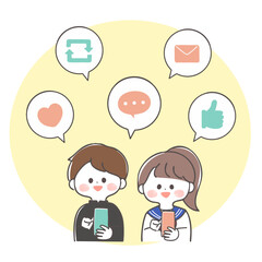 SNSを楽しんでいる制服姿の学生のイラスト