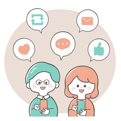 SNSを楽しんでいる30代から40代の男女のイラスト