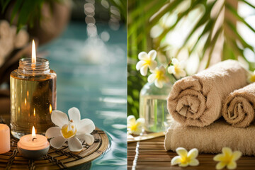 A serene collage showcasing the elements of a spa: smooth stones, orchid flowers reflected in water, and flickering candlelight.