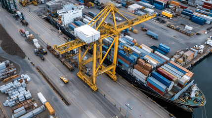Overhead shot of a metalworking plantâs shipping dock, container trucks and railcars being loaded with metal products for distribution