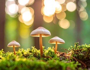 Fototapeta premium Three mushrooms in a mossy forest floor, bathed in sunlight