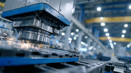 Heavy-duty stamping machine pressing metal sheets into automotive parts, glowing factory lights reflecting off smooth steel surfaces