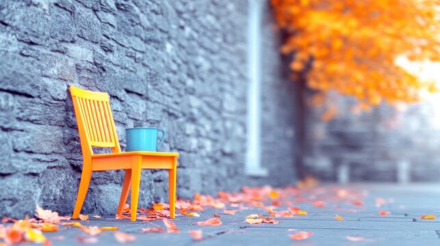 Bright orange chair beside stone wall with fallen autumn leaves