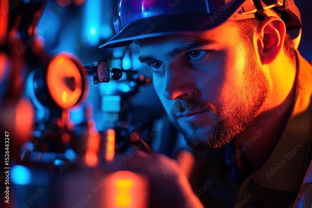 Poster focused technician working with precision instruments in low light