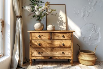 Rustic wooden dresser with flowers, pumpkin, and decorative elements creating a cozy interior setting.