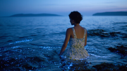 Fototapeta premium Back view of a woman halfway into bioluminescent waters at night, her silhouette glowing faintly in the soft blue light, stars reflected on the calm sea