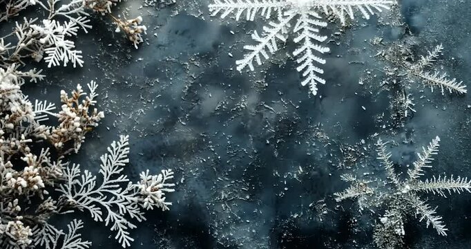 Winter scene of generic branches on a dark background with snowflakes