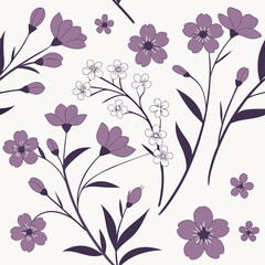 Elegant floral pattern in purple and white featuring delicate blossoms and detailed leaves