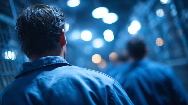 Group of convicts seen from behind as they move through a bleak, sterile hallway lit by cold blue overhead lights, tension and discipline in every posture