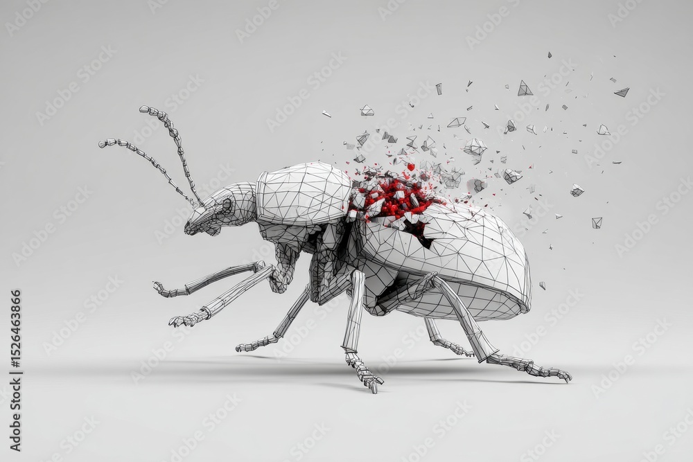 Poster 3D Wireframe Bug Symbol Disintegrating With Fragments Scattering in an Abstract Digital Space