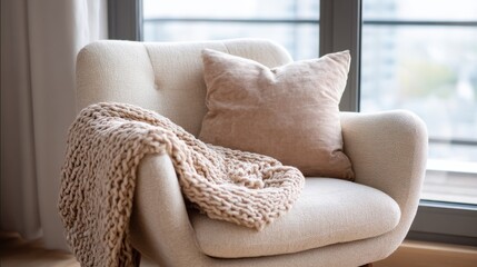 Cozy Armchair With Soft Pillow And Knit Blanket In Sunlit Room. Inviting Space For Relaxation And Comfort