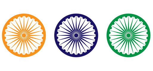 Wheel with spokes vector icon. Ashoka chakra in  navy blue, orange and green colour with shadows and accurate lines. Indian flag Ashoka chakra wheel in flat style. Vector illustration
