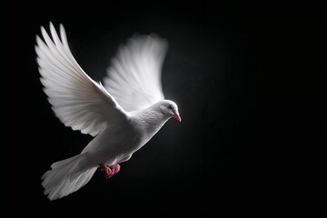 Obraz premium White dove flying with open wings on black background