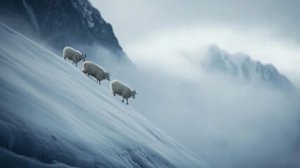 Goats navigating slippery icy slope with foggy mountains