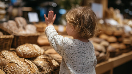 Child standing in front of a bakery section, choosing between whole-grain breads, small hands reaching up, healthy options neatly stacked around