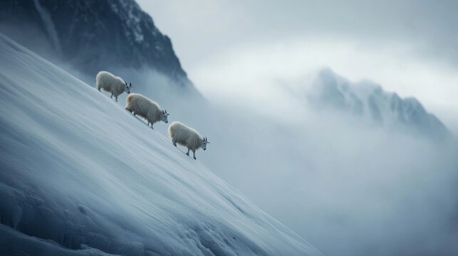 Goats navigating slippery icy slope with foggy mountains