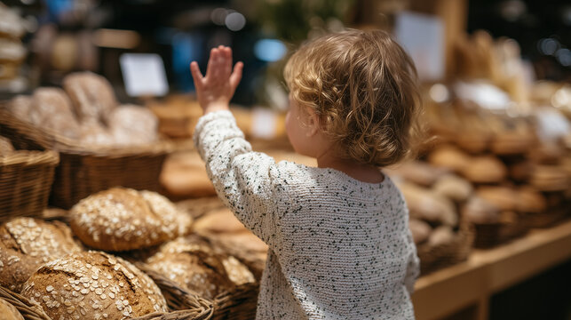 Child standing in front of a bakery section, choosing between whole-grain breads, small hands reaching up, healthy options neatly stacked around
