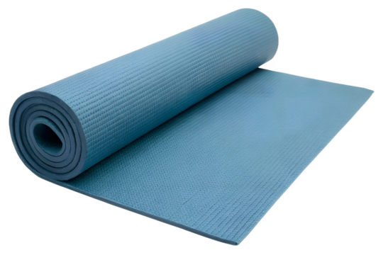 Rolled cyan exercise mat close up view isolated on transparent background