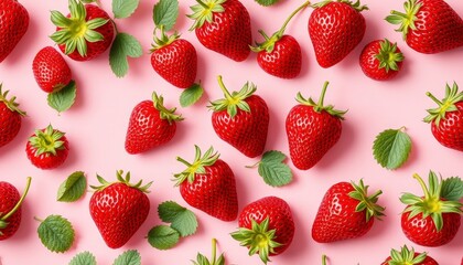 Ripe strawberries and green leaves scattered across a pink backdrop, creating a fresh, colorful, and inviting scene