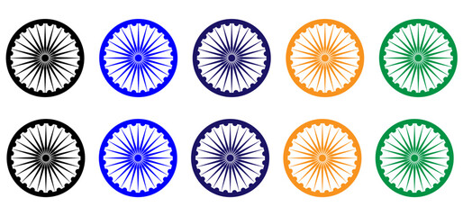 Wheel with spokes vector icon. Ashoka chakra in black,  blue, navy blue, orange and green colour with shadows and accurate lines. Indian flag Ashoka chakra wheel in flat style. Vector illustration