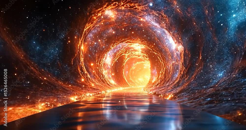 Aufkleber abstract tunnel through space with shining particles of blue and orange colors. the tunnel is surrou