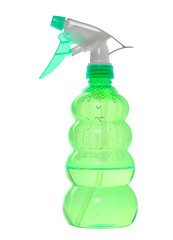 Fototapeta premium Spray bottle for wash cleaning and horticulture with water droplets due to condensation in the sun isolated on white, clipping path