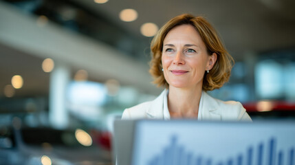 Focused businesswoman in an open-concept auto showroom, laptop open with sales charts displayed, architectural lines and glass-walled offices in the background