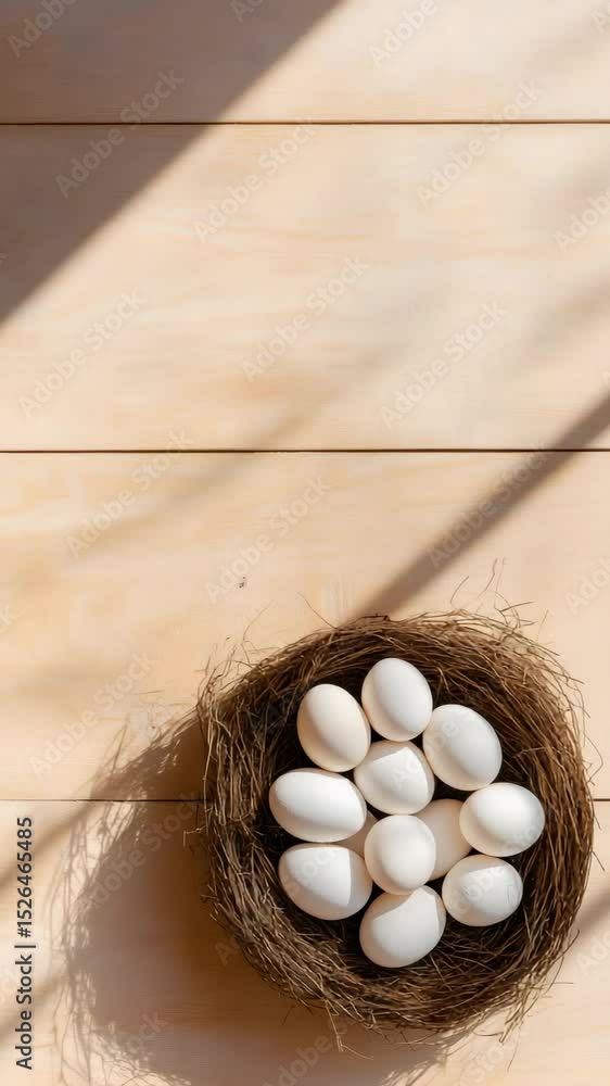 Poster white eggs rest in a bird's nest atop a light wooden table, illuminated by natural light casting sha