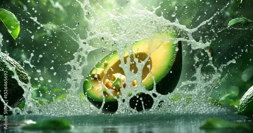 Poster avocado splashing in water with green background and water splash, it is a macro shot, shallow depth